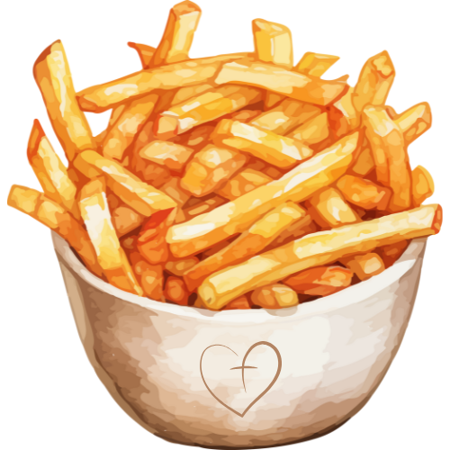 Illustration einer Schüssel mit goldgelb gebackenen Pommes frites und Herzsymbol auf der Schale.