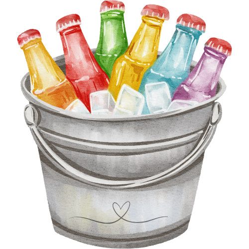 Illustration eines silbernen Eimers mit bunten Getränkeflaschen in Eiswürfeln.