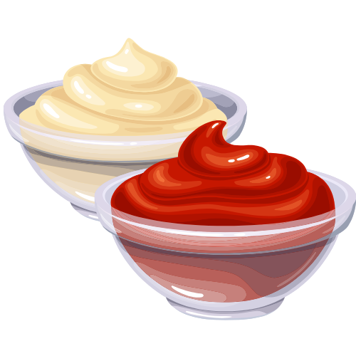 Illustration von zwei Glasschälchen mit Ketchup und Mayonnaise.