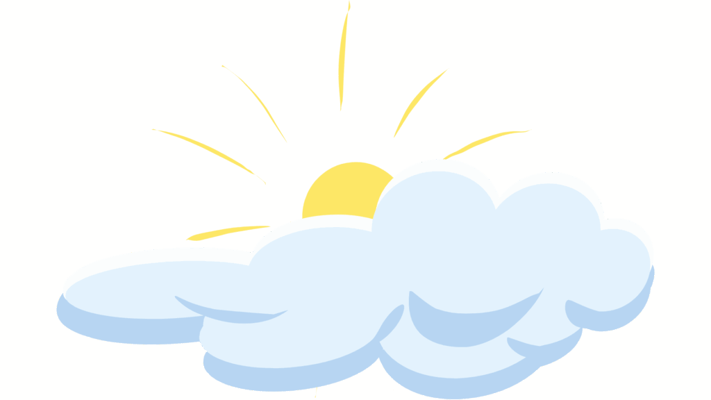 Illustration einer gelben Sonne, die hinter einer hellblauen Wolke hervorscheint.